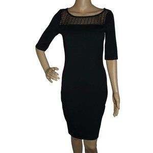 Yessica XS Black Ponte Knit Mesh Yoke Elbow Short Sleeve Bodycon Sheath Dress